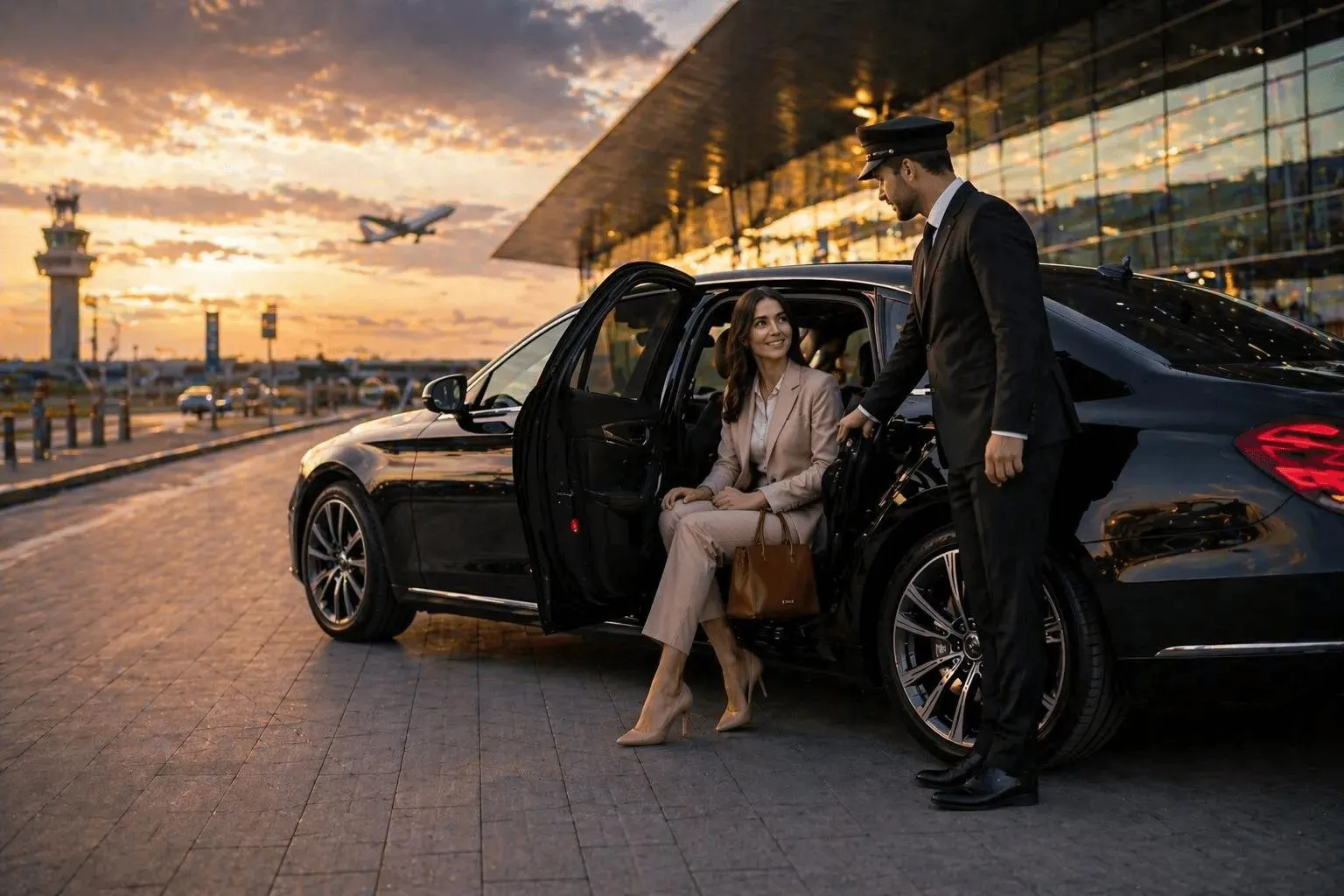Professional chauffeur opening a luxury limousine